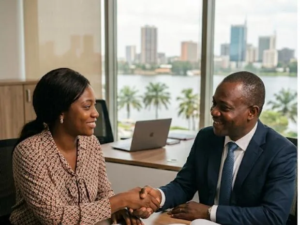Poignée de main entre un conseiller et une cliente, vue sur Abidjan
